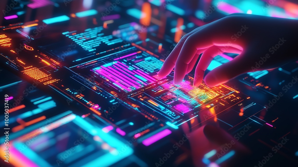 Poster high-tech laptop with colorful coding interface and web tools : Generative AI