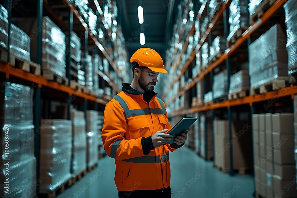 Poster a logistics manager standing inside fully automated fulfillment center : Generative AI