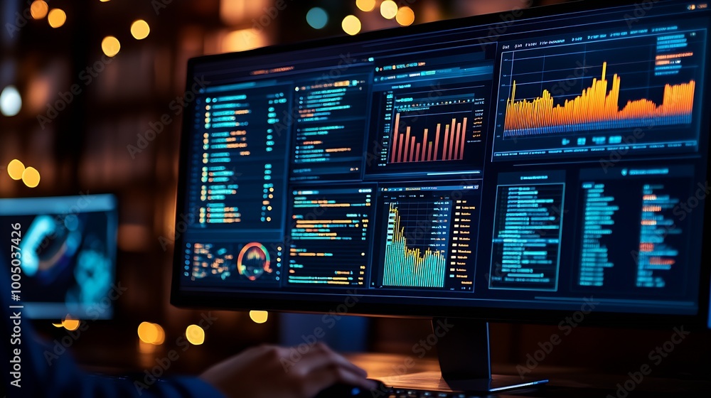 Poster a person sitting at a computer showing a dashboard of information : Generative AI