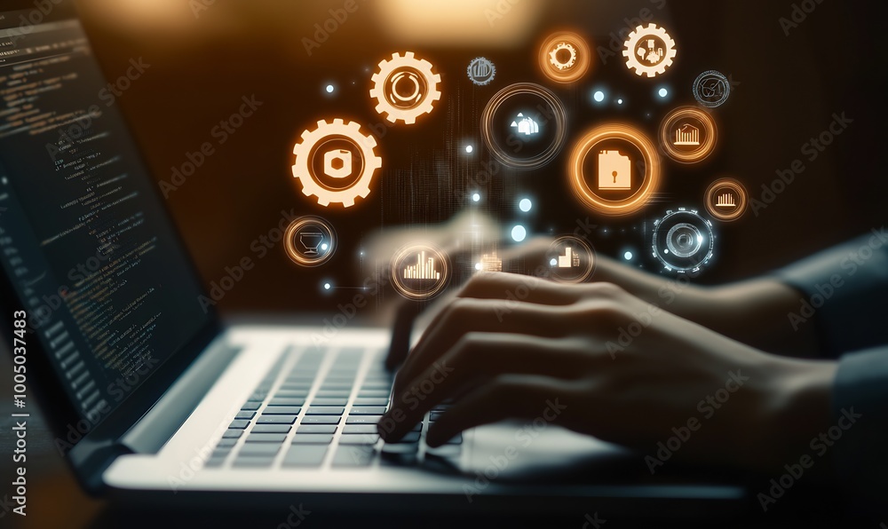 Poster A business professional using a laptop with digital icons : Generative AI