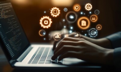 A business professional using a laptop with digital icons : Generative AI