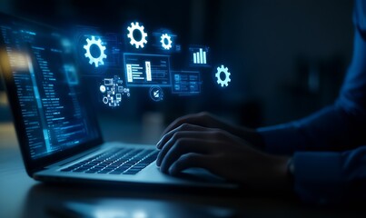 Fototapeta premium A business professional using a laptop with digital icons : Generative AI