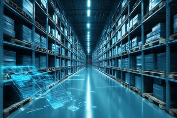 Fototapeta premium a warehouse fulfillment center with technology overlayed in glowing blue : Generative AI