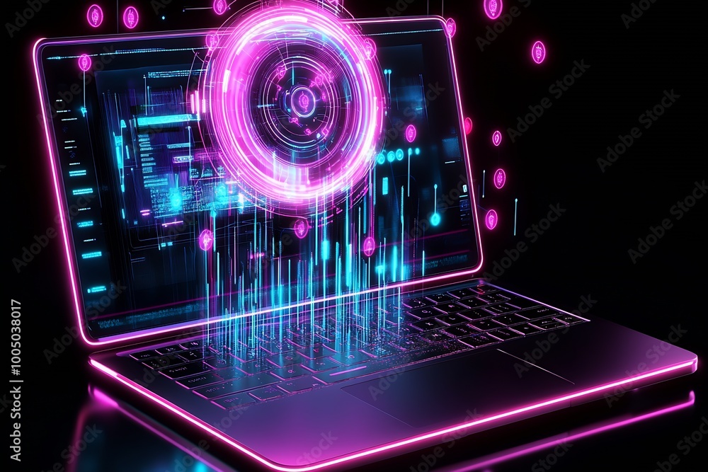 Fototapete macbook with a circular vision of ai nodes rising from the keyboard area : generative ai