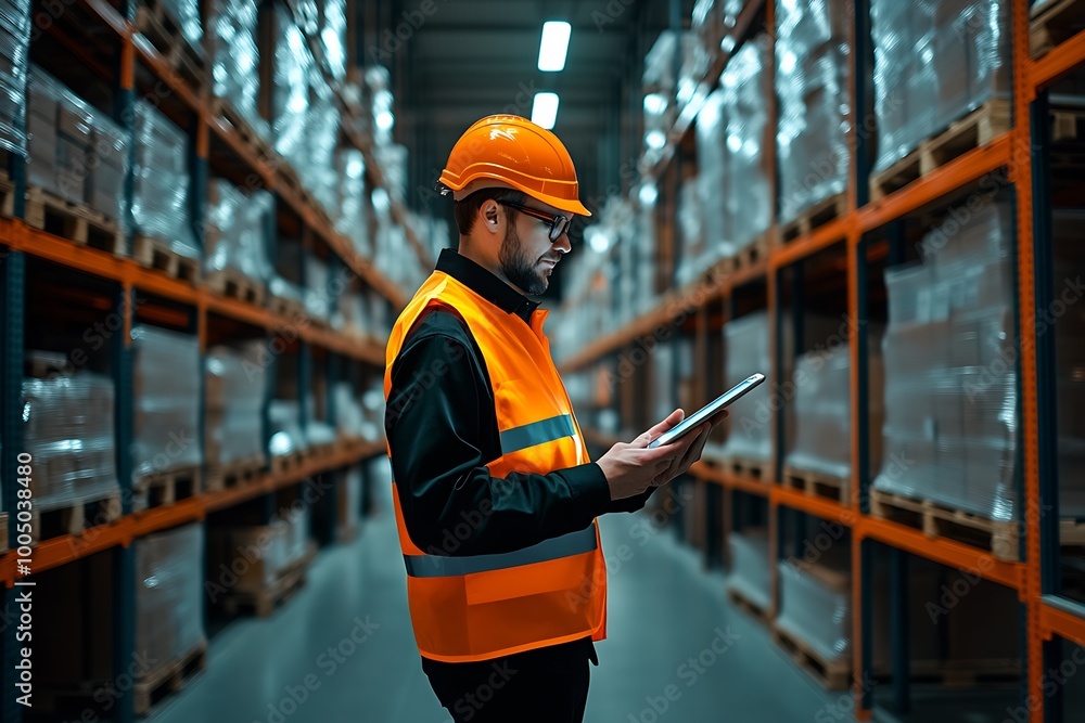 Poster a logistics manager standing inside fully automated fulfillment center : Generative AI