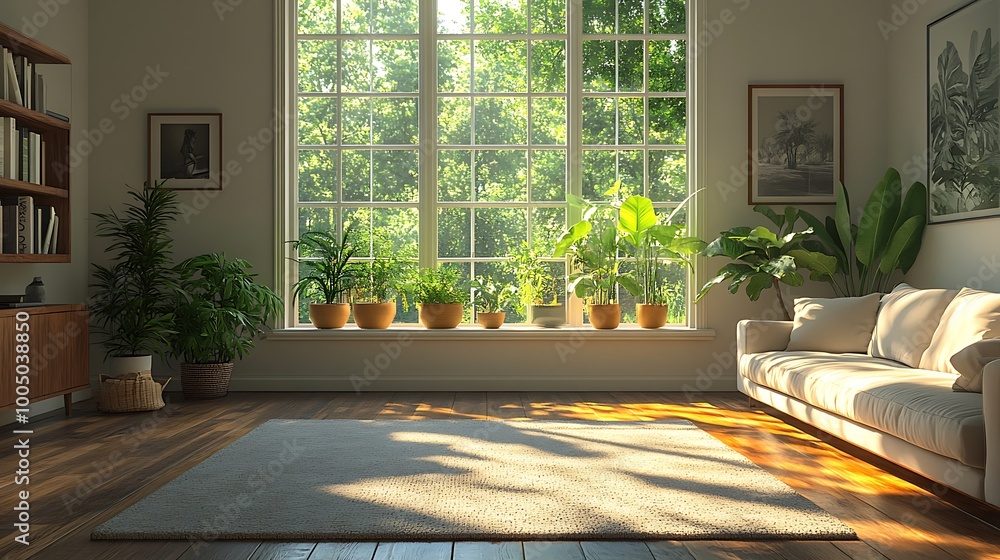 Sticker Sunlit Living Room Interior Design with Plants and a White Sofa