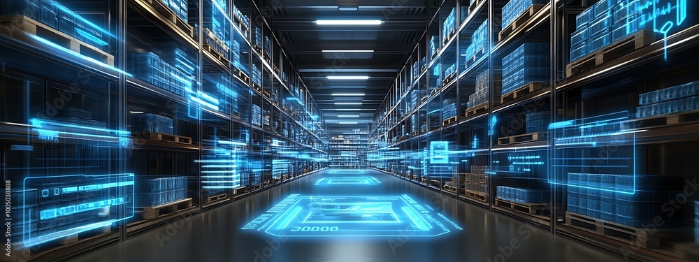 Poster a futuristic warehouse corridor illuminated with blue digital data projections : generative ai