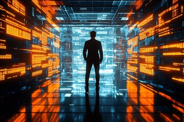 man in a business suit standing in a futuristic room, surrounded by glowing, floating data panels in orange and blue hues. : Generative AI