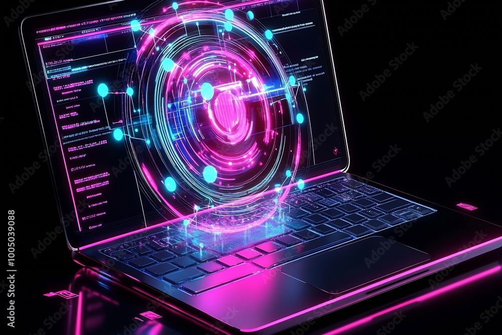 Poster macbook with a circular vision of ai nodes rising from the keyboard area : Generative AI