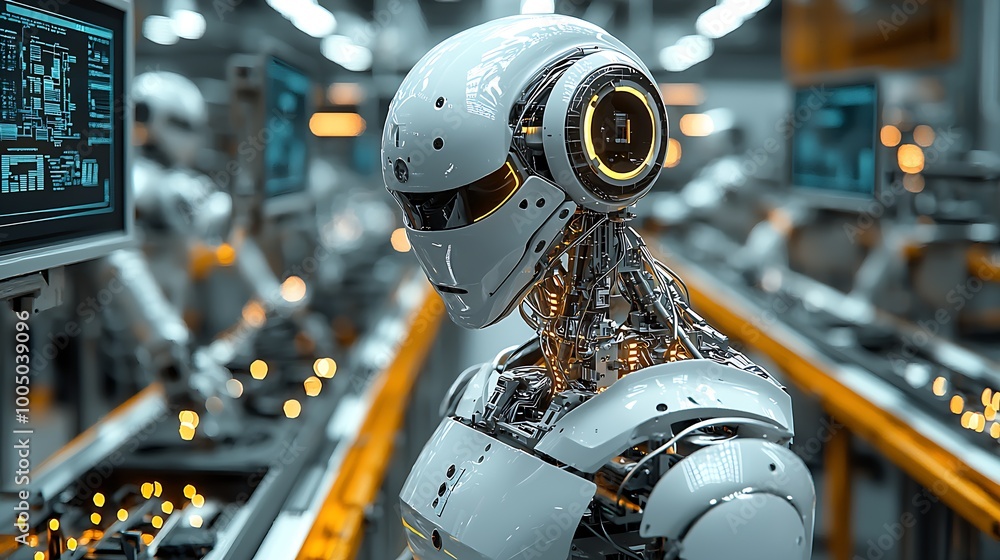 Poster art robotic production line, a gleaming tableau of industry and precision. : generative ai