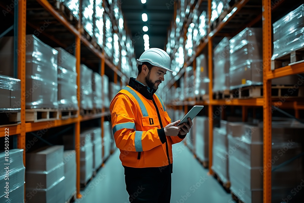 Poster a logistics manager standing inside fully automated fulfillment center : generative ai