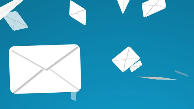Several white envelopes falling on blue background. Concept of arrival of several online messages