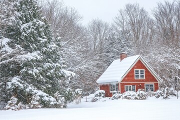 Red Brick Cottage Covered in Snow with Icicles Hanging from the Roof
