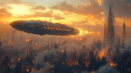 Futuristic spaceship flying over a cityscape at sunset with dramatic clouds.