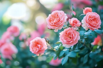 Obraz premium Pink roses in bloom in a lush garden