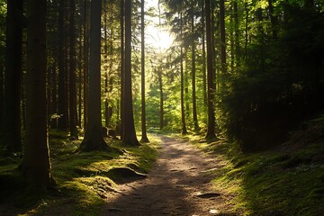 Obraz premium Sunlight streaming through forest canopy, creating a path of light through the trees. Nature landscape, wilderness, tranquility.