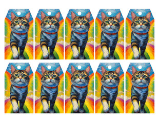 Adorable Striped Cat walking on the Rainbow Bridge Watercolor Gift Tags