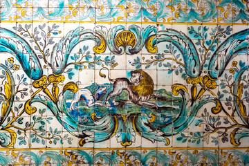 Traditional Portuguese tiles called azulejo, as seen in museum in Lisbon, Portugal