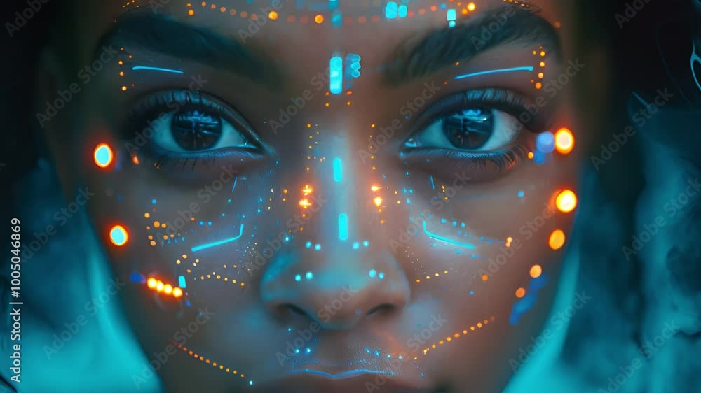 Poster Close-up of black womans face with illuminated biometric data points.