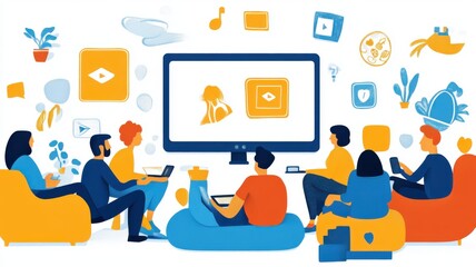 Group collaboration in a colorful workspace with technology and creative elements.