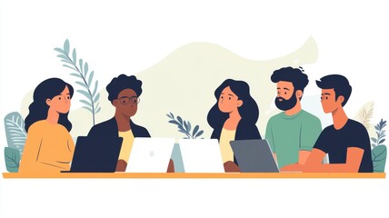 Group of diverse people collaborating with laptops in a modern workspace.