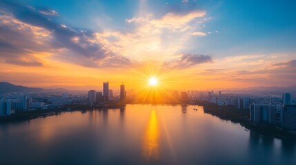 Urban sunset symphony, cityscape serenity reflected in a lake's embrace
