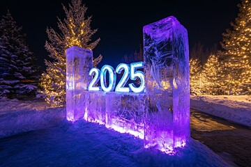 Ice sculpture with glowing 2025 numbers illuminated by purple lights amid festive holiday decorations at night. Generative AI