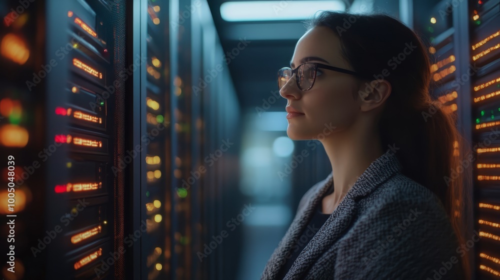 Poster woman in glasses focused on troubleshooting a computer server in data center