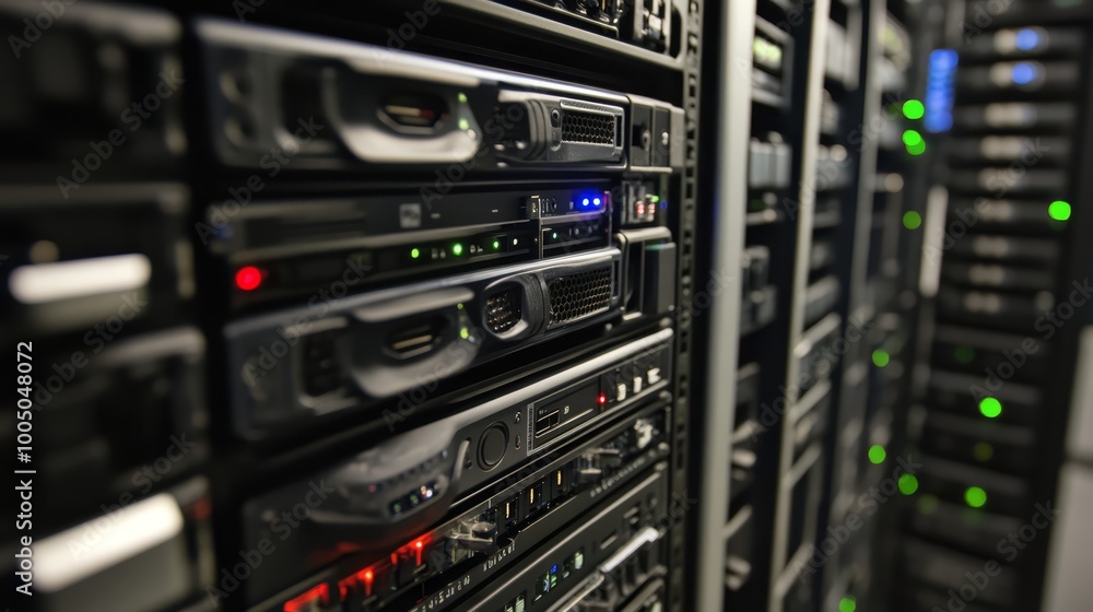 Poster powering the digital age, a glimpse inside server room with rows of advanced machines
