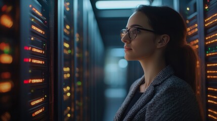 Woman in glasses focused on troubleshooting a computer server in data center