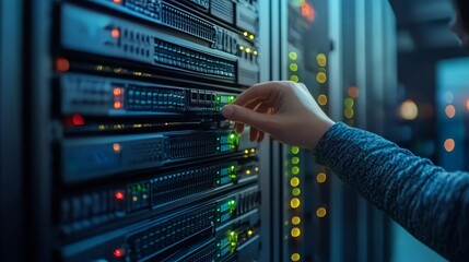Woman checking servers in data center, a glimpse into digital infrastructure management