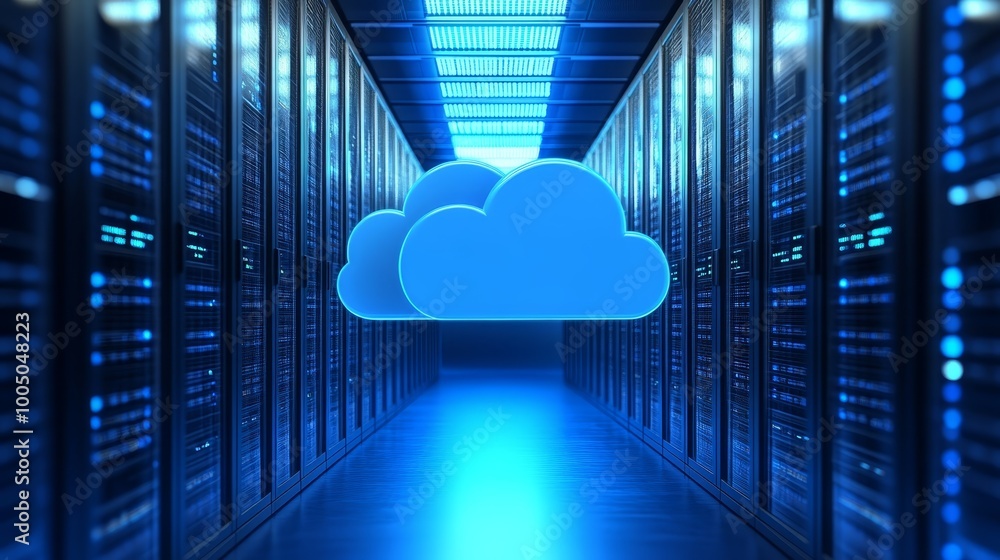 Poster cloud computing symbol in server room, bridging physical and digital realms