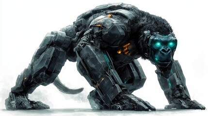 Fototapeta premium A robotic gorilla with glowing blue eyes, on a white isolated background.