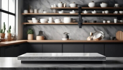 3d podium display and blurred kitchen, ai