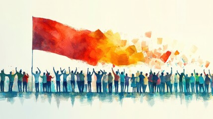 Colorful illustration of a diverse crowd cheering with a large flag.