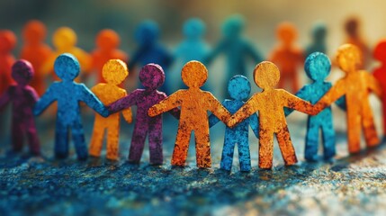Colorful paper figures holding hands in unity, blurred background.