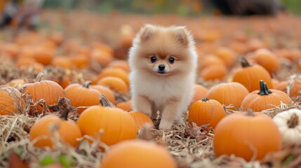 A small dog enjoys the autumn season surrounded by collection of pumpkins