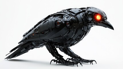 Futuristic robotic raven with glowing orange eyes, white isolated background.