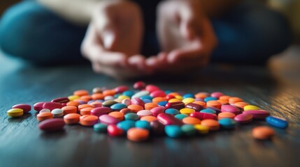 Fototapeta premium Hands reaching for a vibrant assortment of colorful pills on a wooden surface.