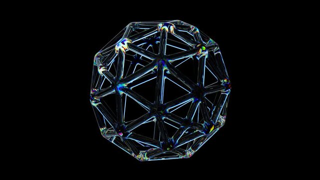 Abstract colorful glass icosphere technology surrounding light, moving in dark Background  Futuristic technology 3d motion animation.