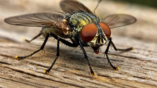 Macro Shot of a Housefly on Wood