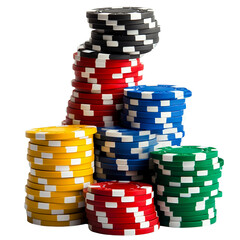 Colorful poker chips stacked on each other, white isolated background.