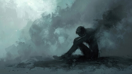 Obraz premium A visual of a person experiencing dread, sitting still with a heavy atmosphere around them, awaiting something terrible.