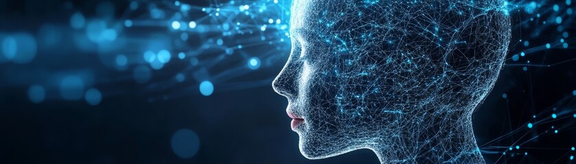 A captivating illustration of womans head featuring network of dots and lines symbolizing digital connectivity with network of dots lines