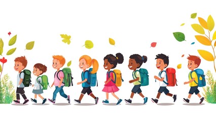 Fototapeta premium A group of children are walking down a path with backpacks
