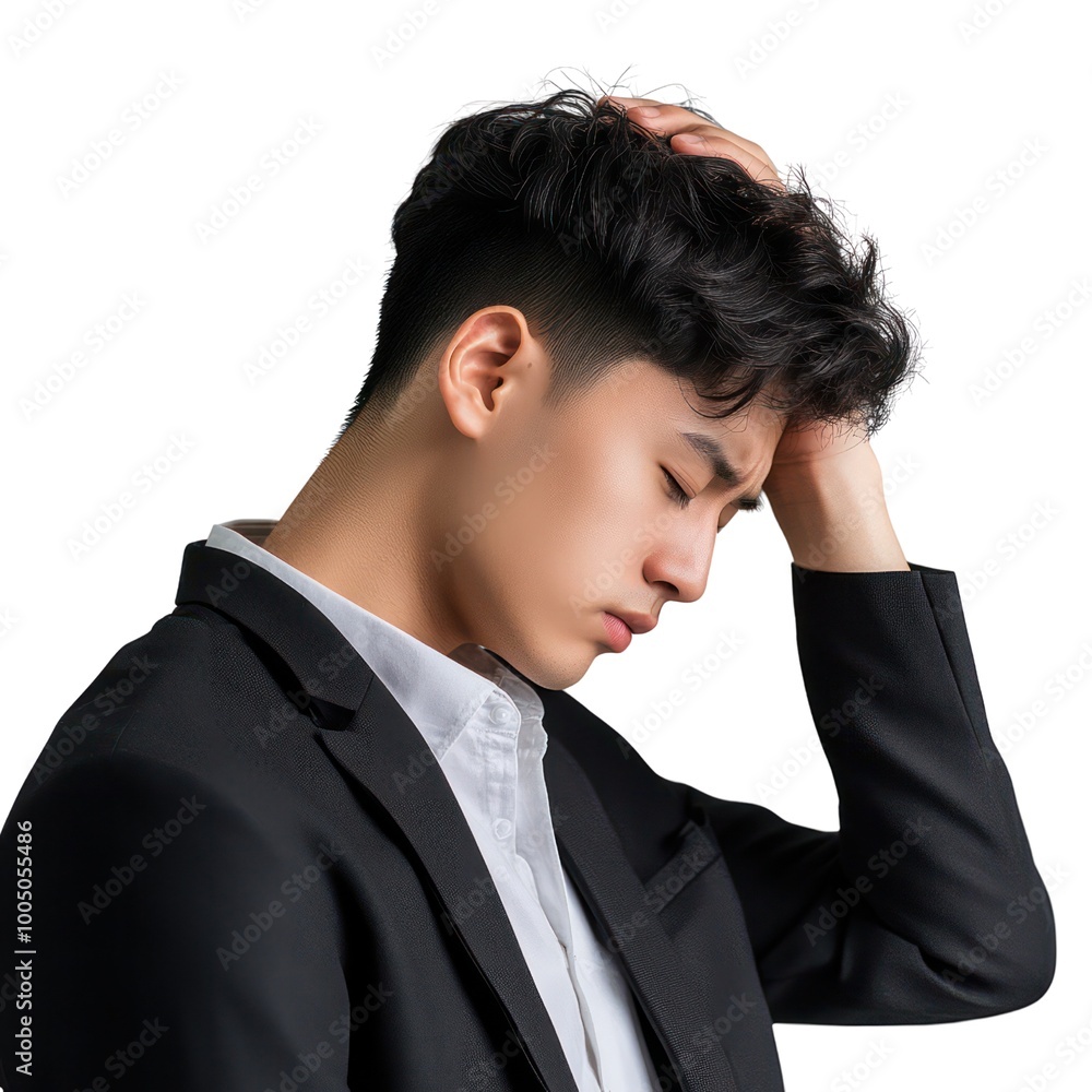 Poster a man with a balding head is wearing a suit and looking down