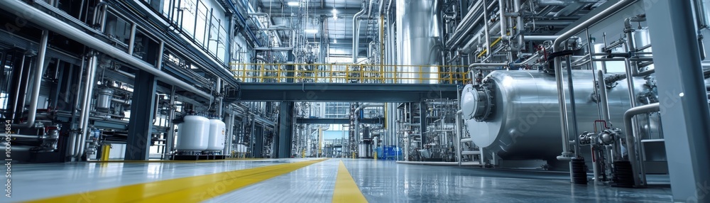 Poster exploring the intricate machinery and operations of a large industrial manufacturing factory setup