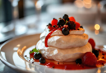 Delicious Meringue Dessert with Fresh Berries and Sauce.