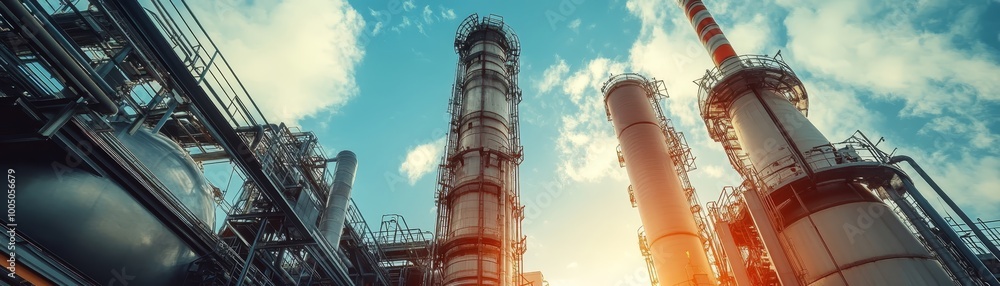 Poster a comprehensive view of massive industrial factory featuring extensive networks of pipes