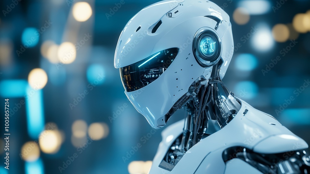 Poster futuristic humanoid robot with illuminating blue light feature on its metallic face futuristic a sle